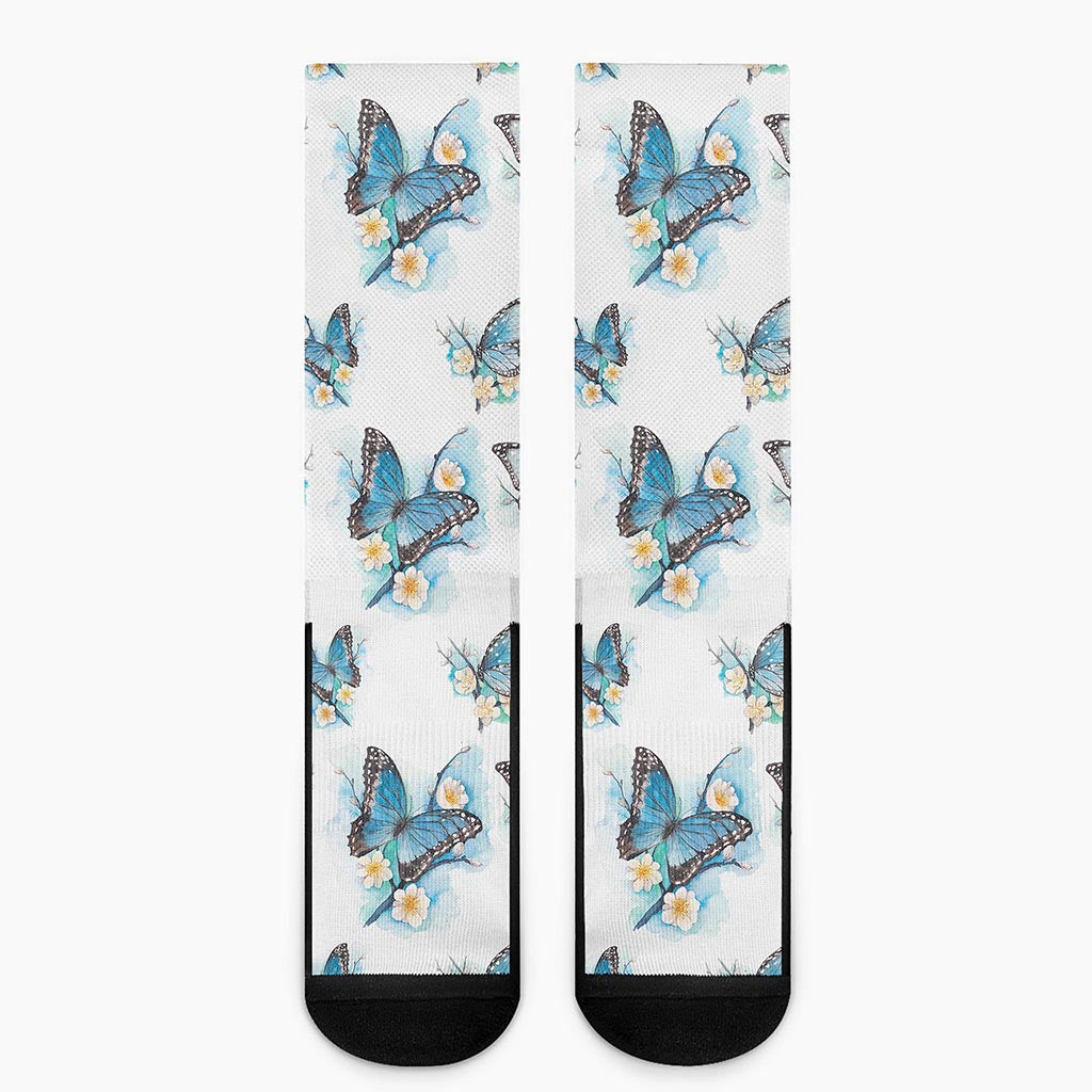 Blossom Blue Butterfly Pattern Print Crew Socks