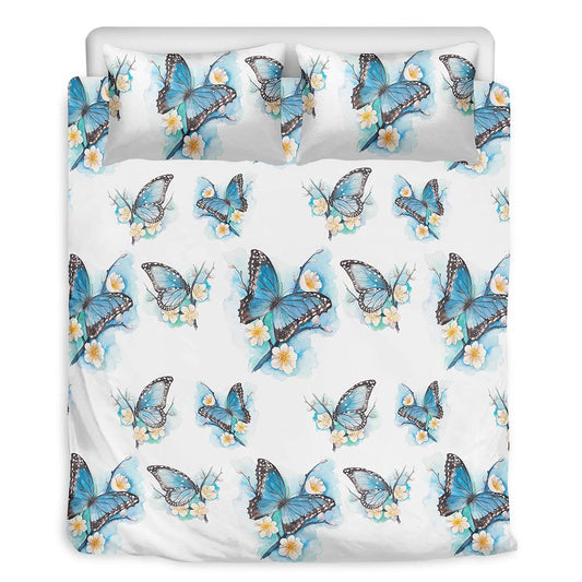 Blossom Blue Butterfly Pattern Print Duvet Cover Bedding Set