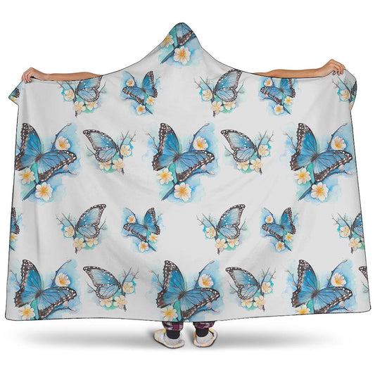 Blossom Blue Butterfly Pattern Print Hooded Blanket