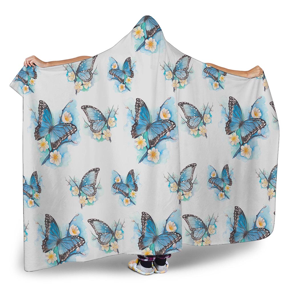 Blossom Blue Butterfly Pattern Print Hooded Blanket