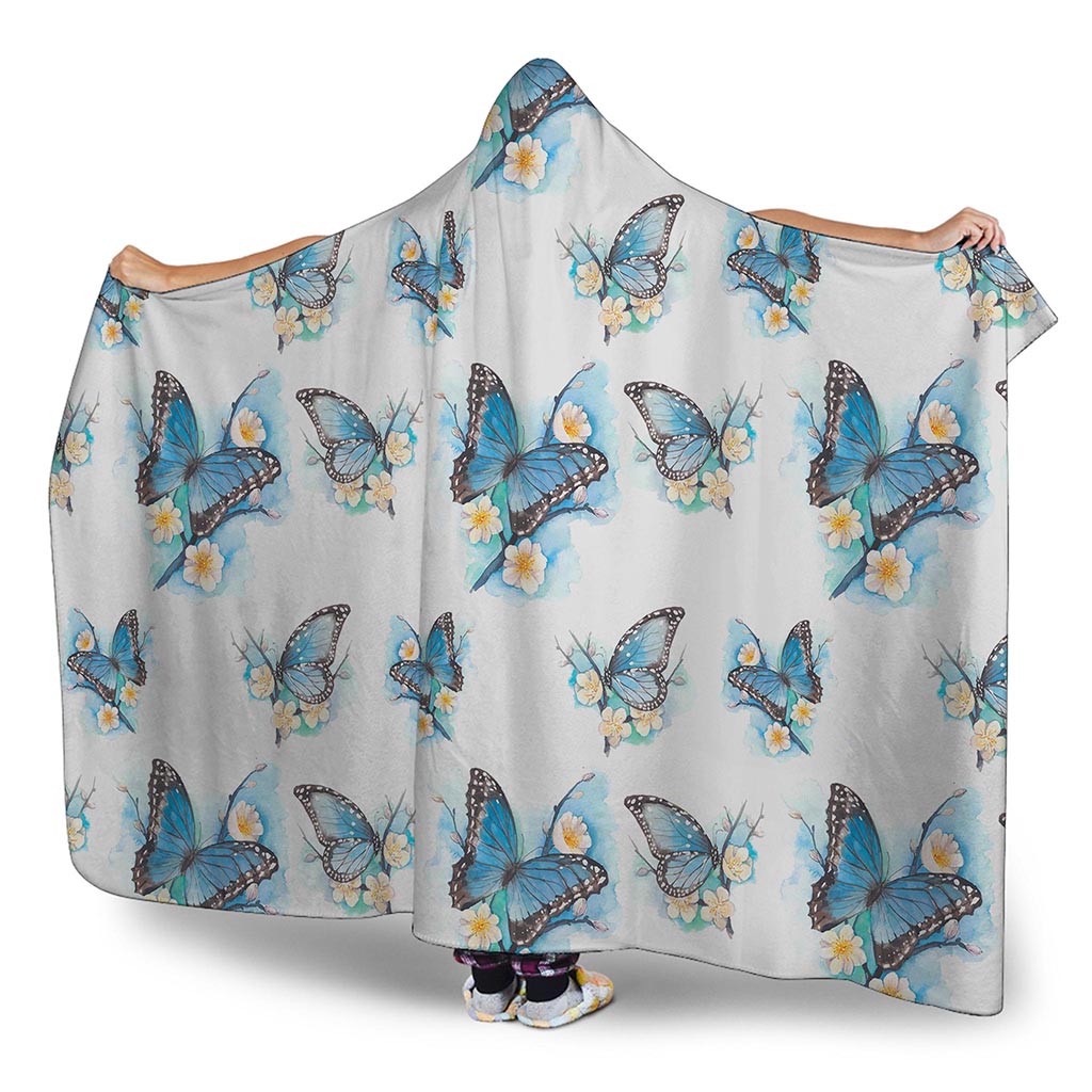 Blossom Blue Butterfly Pattern Print Hooded Blanket