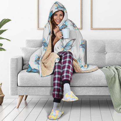 Blossom Blue Butterfly Pattern Print Hooded Blanket