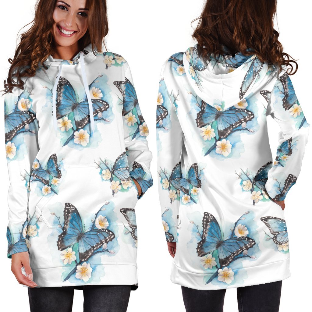 Blossom Blue Butterfly Pattern Print Hoodie Dress GearFrost