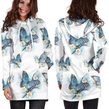 Blossom Blue Butterfly Pattern Print Hoodie Dress GearFrost