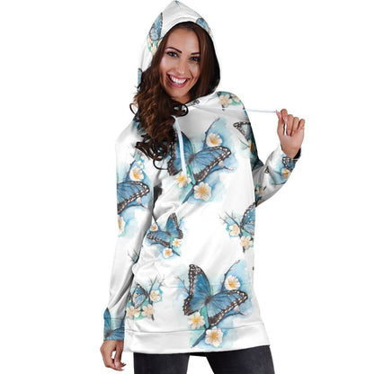 Blossom Blue Butterfly Pattern Print Hoodie Dress GearFrost