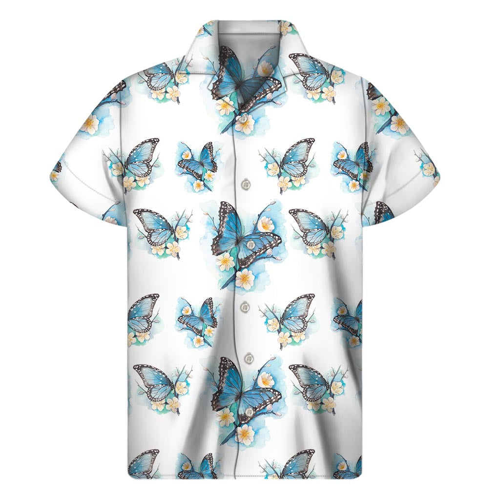 Blossom Blue Butterfly Pattern Print Men's Short Sleeve Shirt