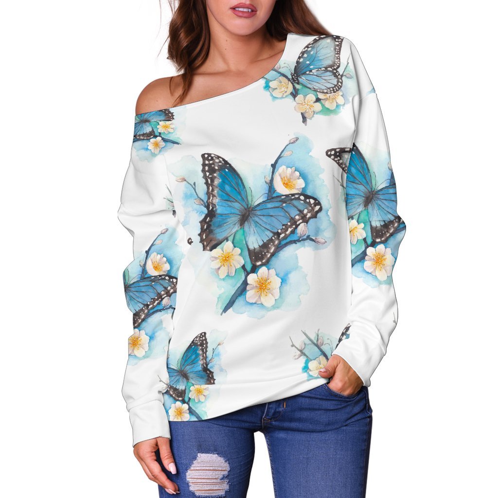 Blossom Blue Butterfly Pattern Print Off Shoulder Sweatshirt GearFrost