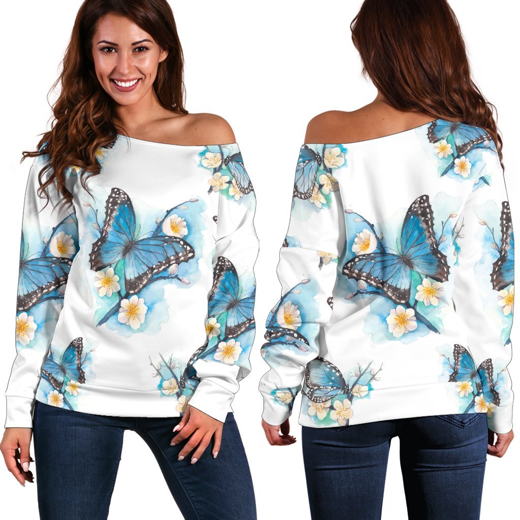 Blossom Blue Butterfly Pattern Print Off Shoulder Sweatshirt GearFrost