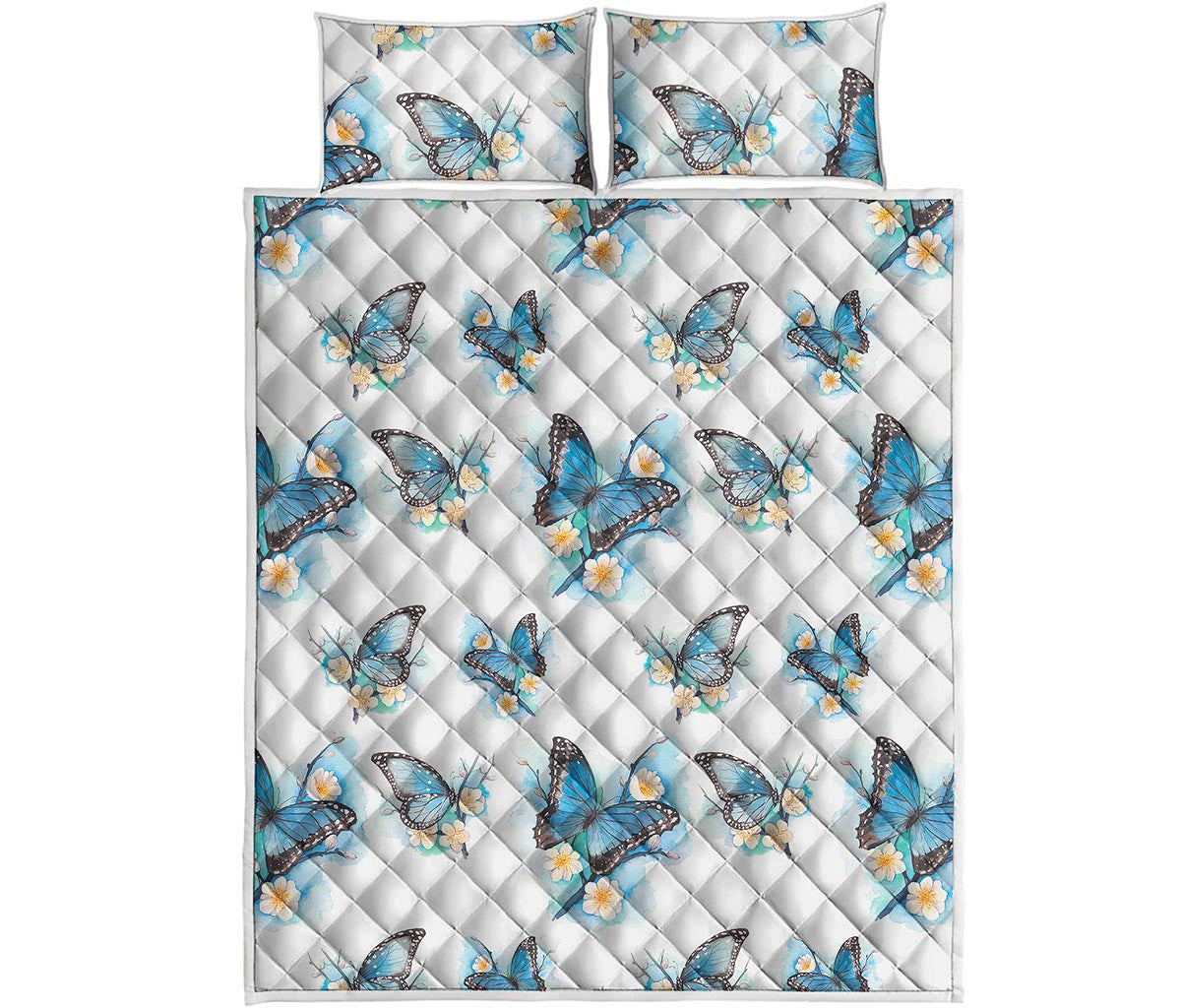 Blossom Blue Butterfly Pattern Print Quilt Bed Set