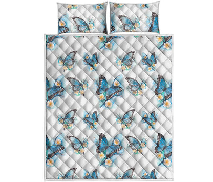 Blossom Blue Butterfly Pattern Print Quilt Bed Set