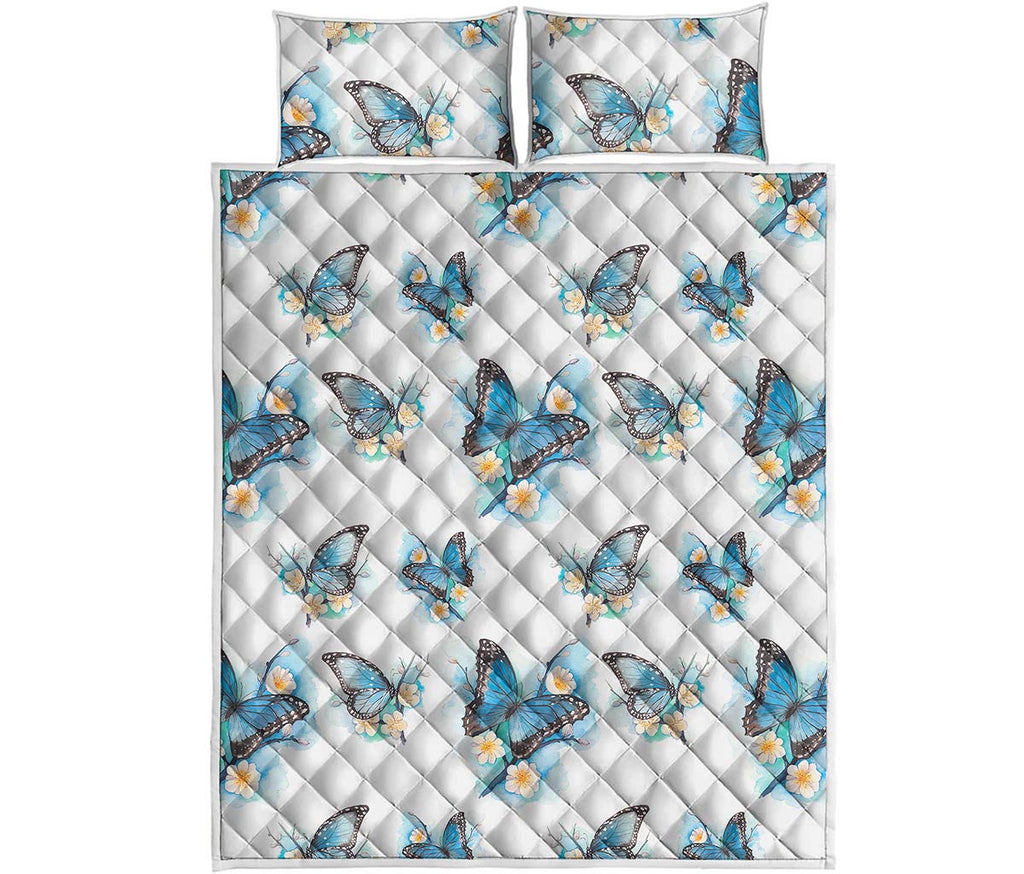 Blossom Blue Butterfly Pattern Print Quilt Bed Set