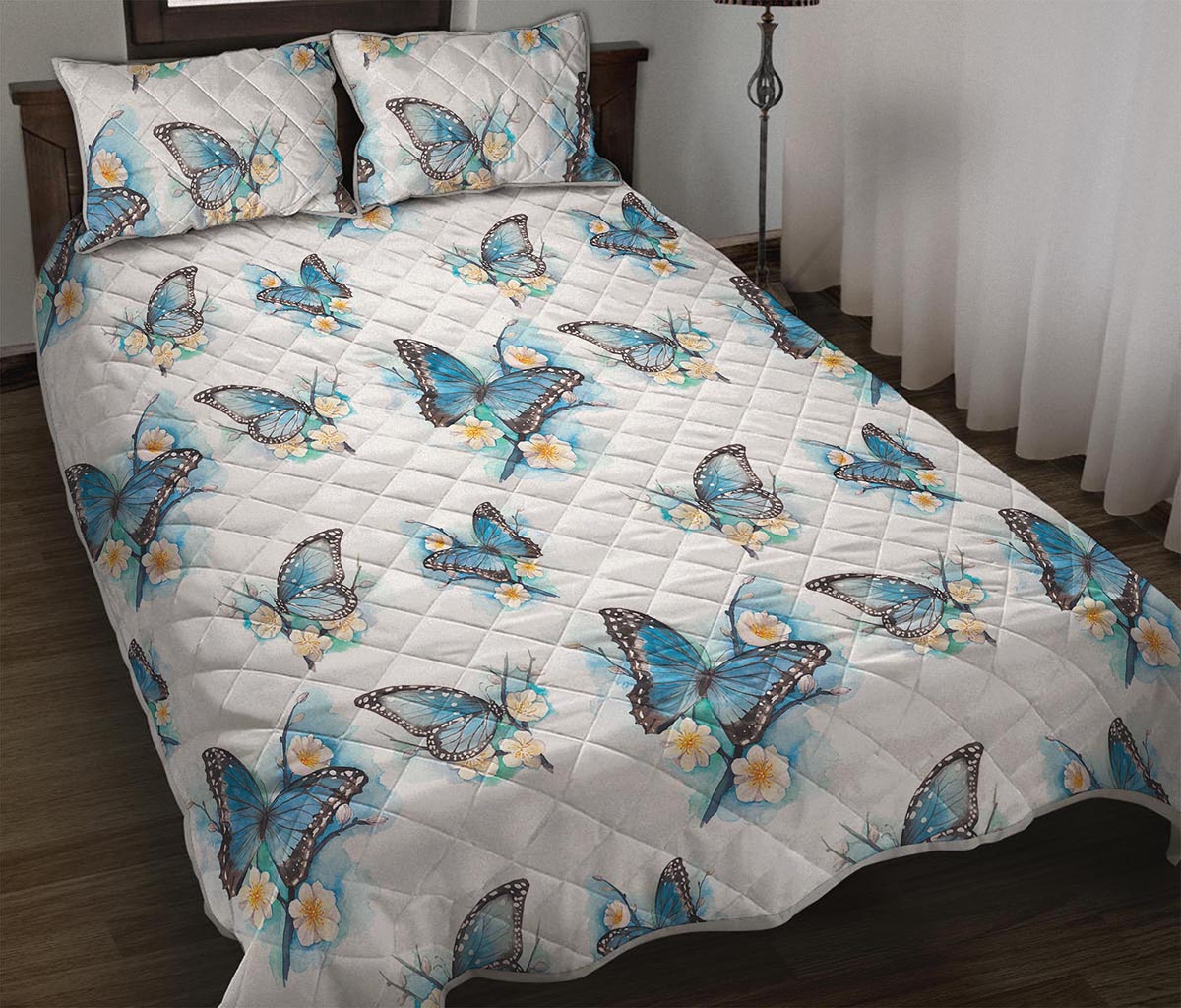 Blossom Blue Butterfly Pattern Print Quilt Bed Set