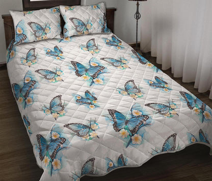 Blossom Blue Butterfly Pattern Print Quilt Bed Set