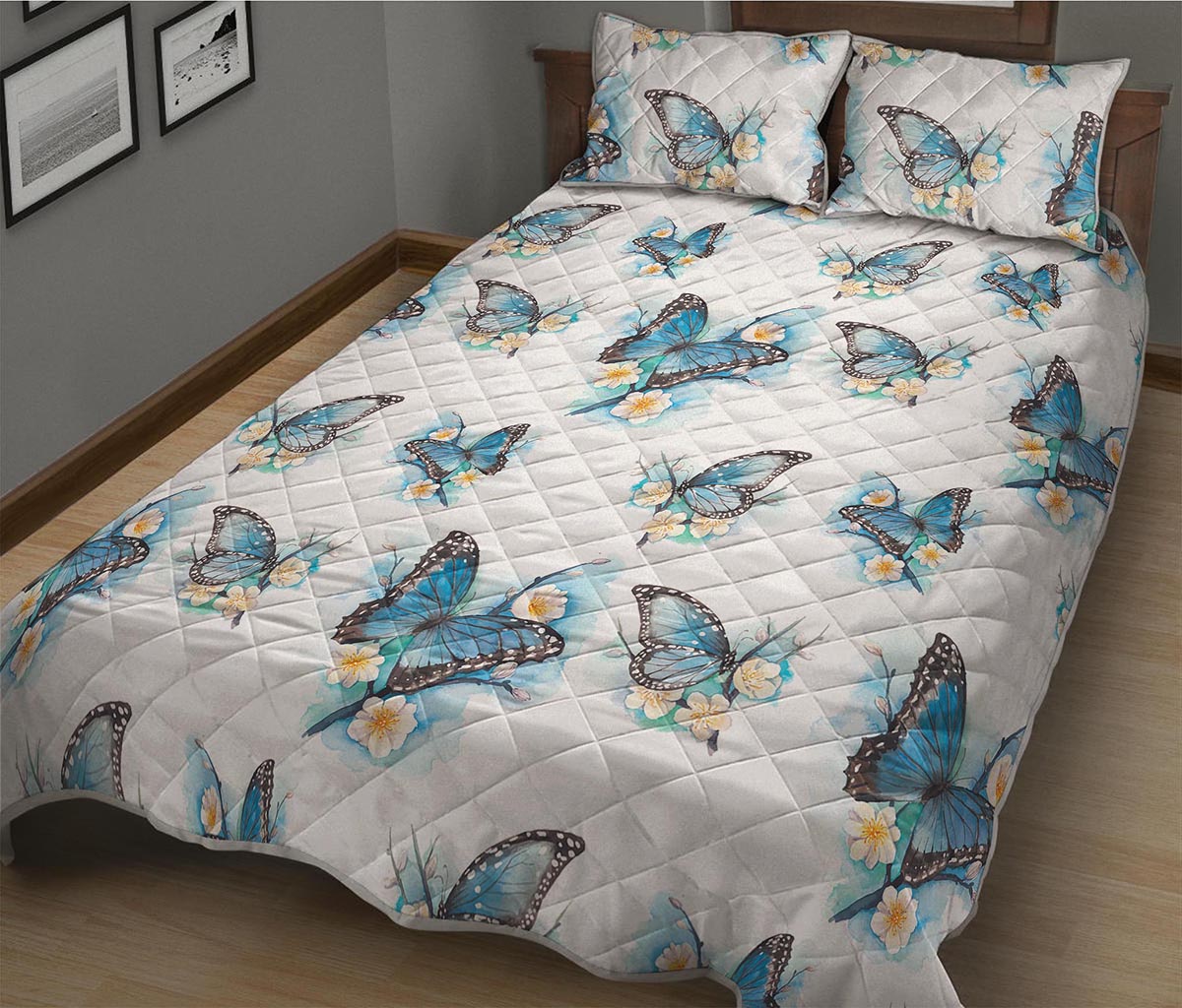 Blossom Blue Butterfly Pattern Print Quilt Bed Set