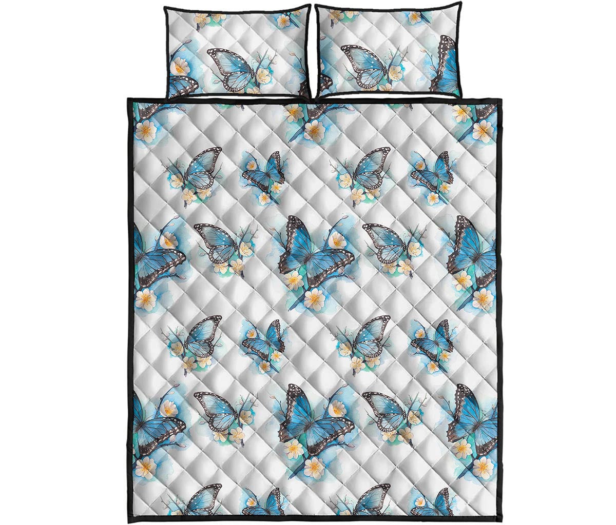 Blossom Blue Butterfly Pattern Print Quilt Bed Set