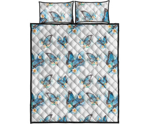 Blossom Blue Butterfly Pattern Print Quilt Bed Set