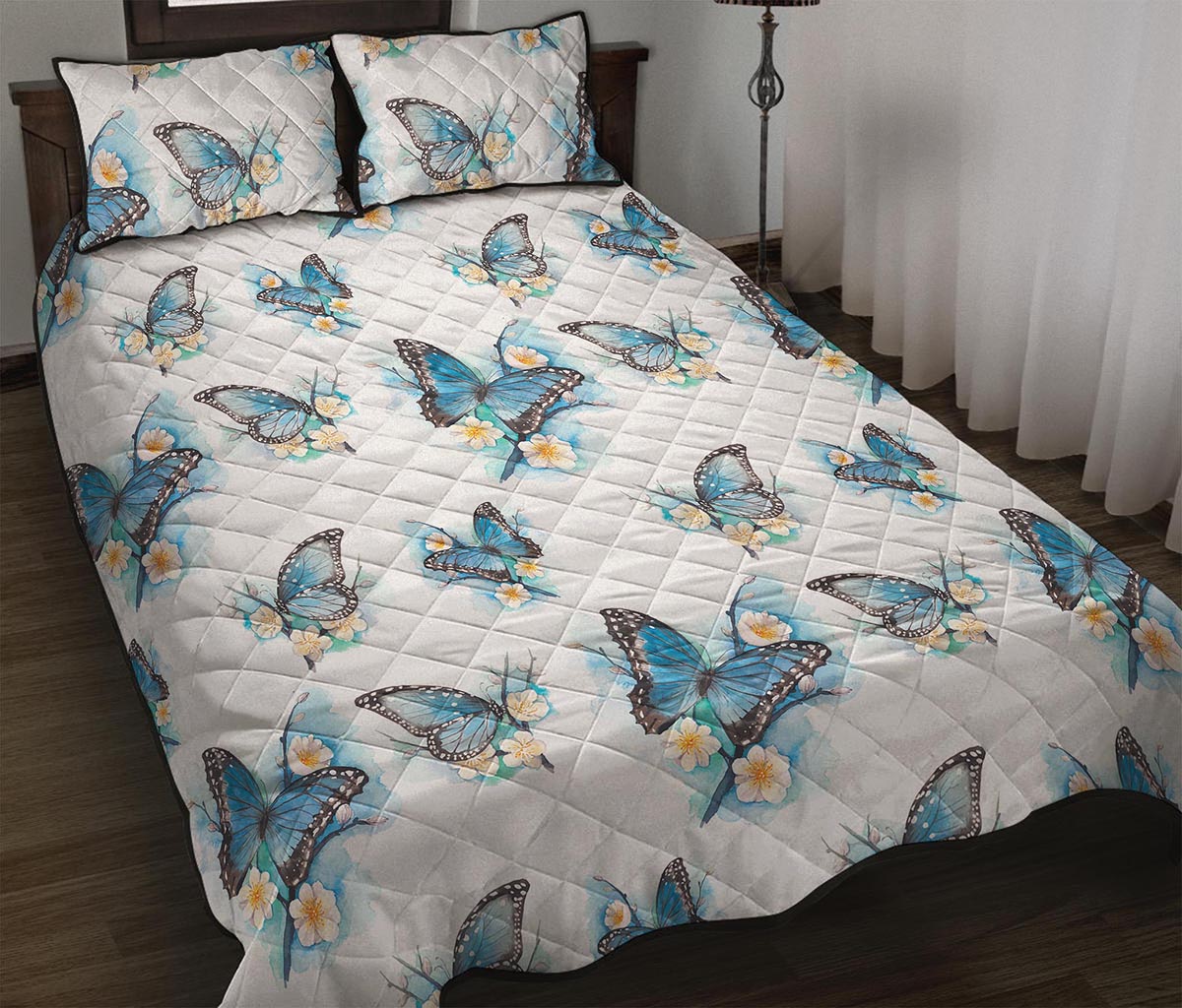 Blossom Blue Butterfly Pattern Print Quilt Bed Set