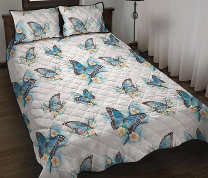Blossom Blue Butterfly Pattern Print Quilt Bed Set
