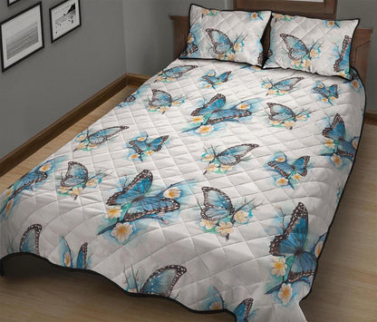 Blossom Blue Butterfly Pattern Print Quilt Bed Set