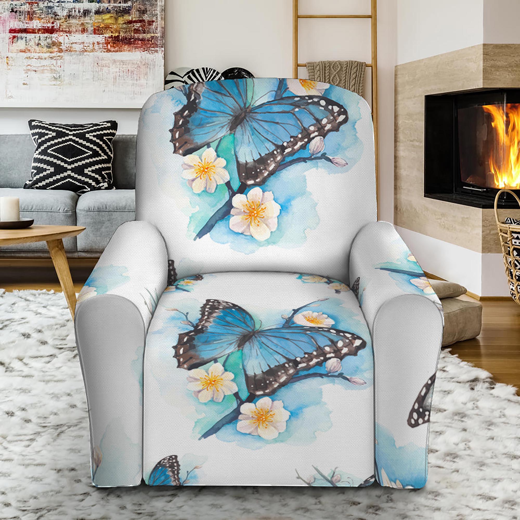 Blossom Blue Butterfly Pattern Print Recliner Slipcover