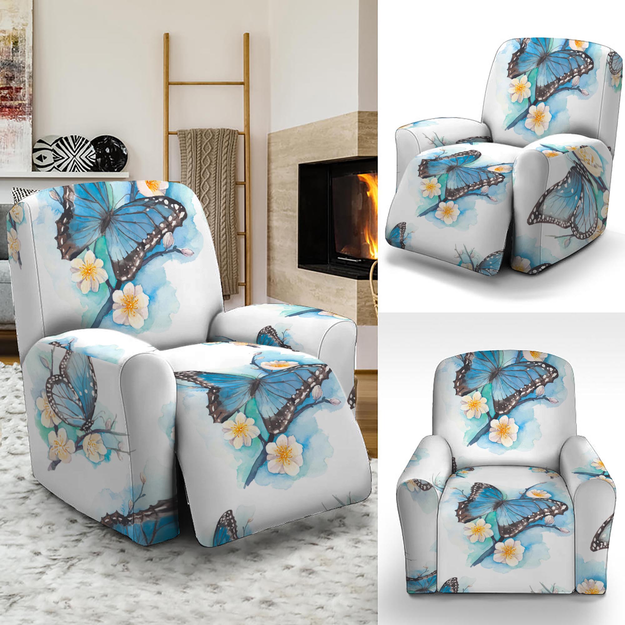 Blossom Blue Butterfly Pattern Print Recliner Slipcover