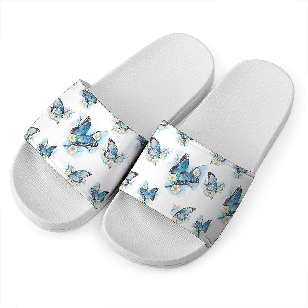 Blossom Blue Butterfly Pattern Print White Slide Sandals