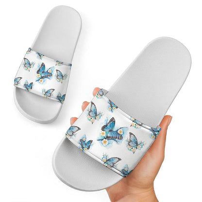 Blossom Blue Butterfly Pattern Print White Slide Sandals