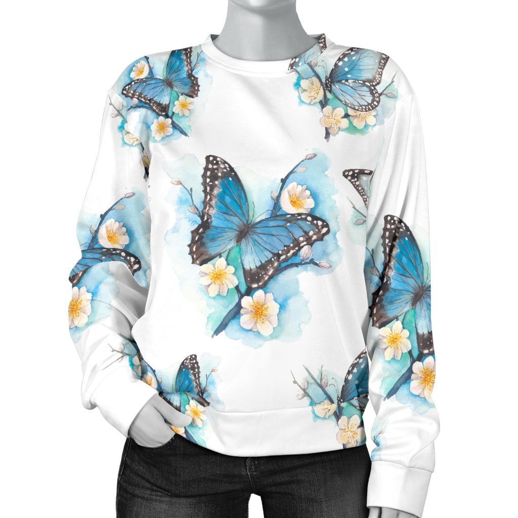 Blossom Blue Butterfly Pattern Print Women's Crewneck Sweatshirt GearFrost