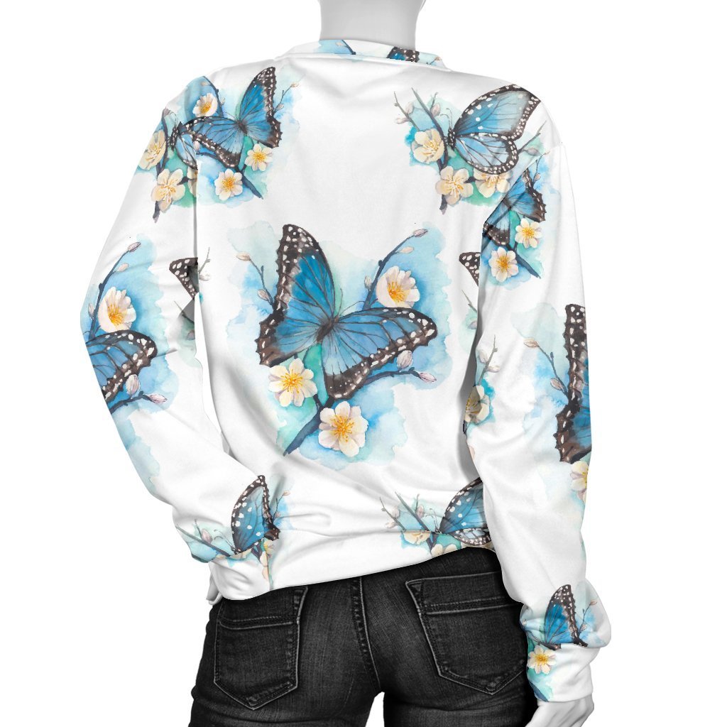 Blossom Blue Butterfly Pattern Print Women's Crewneck Sweatshirt GearFrost