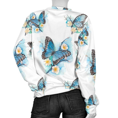 Blossom Blue Butterfly Pattern Print Women's Crewneck Sweatshirt GearFrost