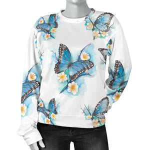 Blossom Blue Butterfly Pattern Print Women's Crewneck Sweatshirt GearFrost