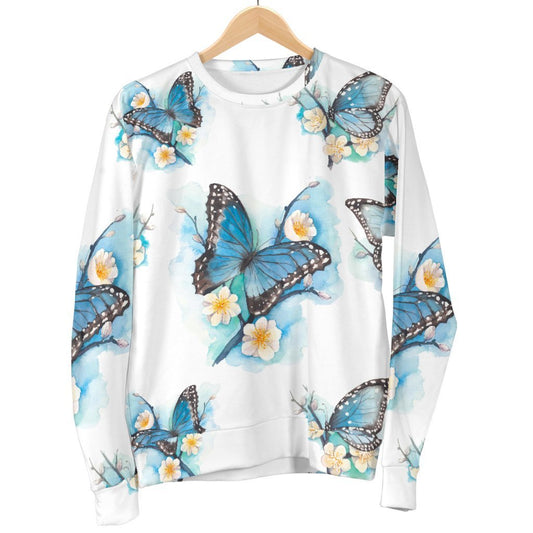 Blossom Blue Butterfly Pattern Print Women's Crewneck Sweatshirt GearFrost