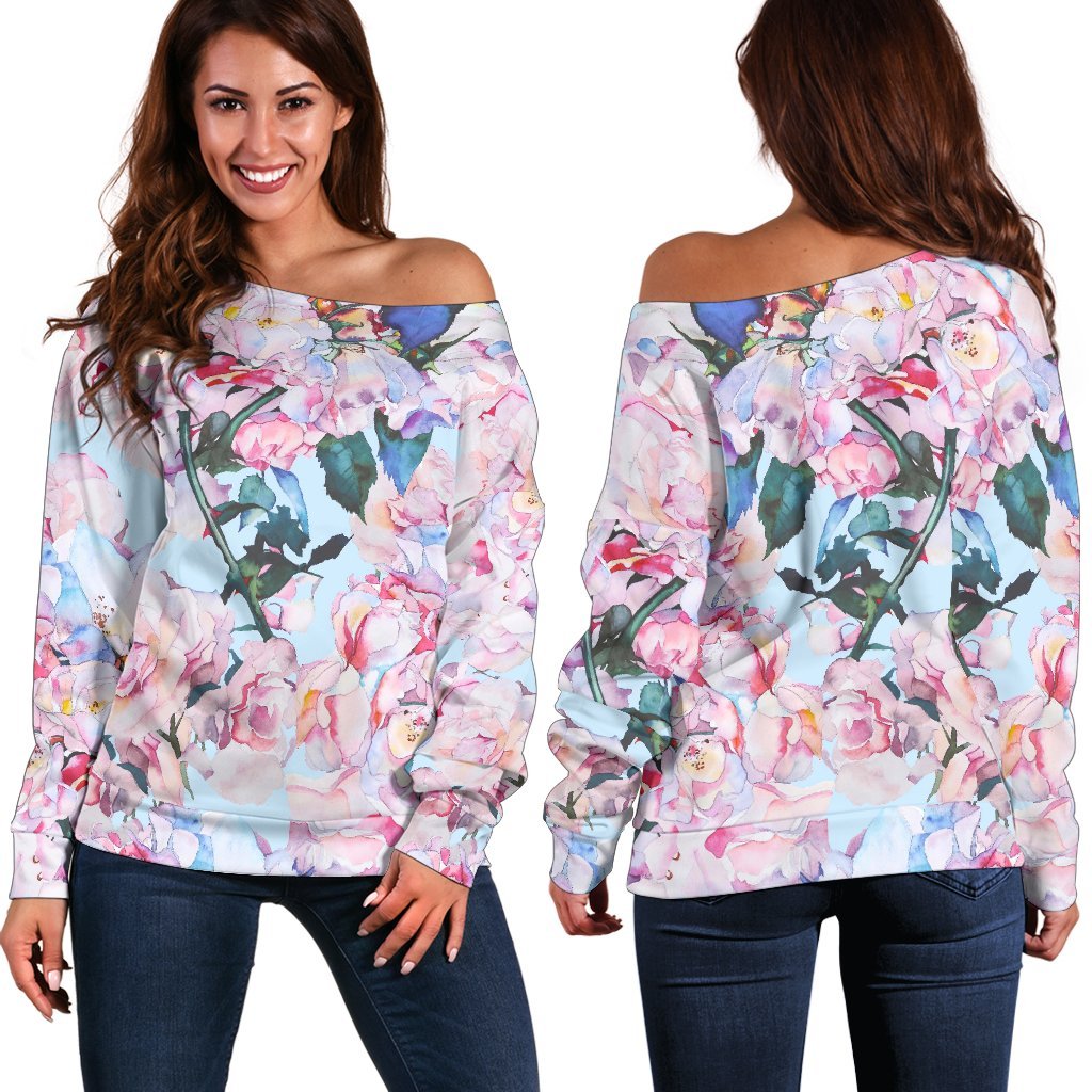 Blossom Floral Flower Pattern Print Off Shoulder Sweatshirt GearFrost