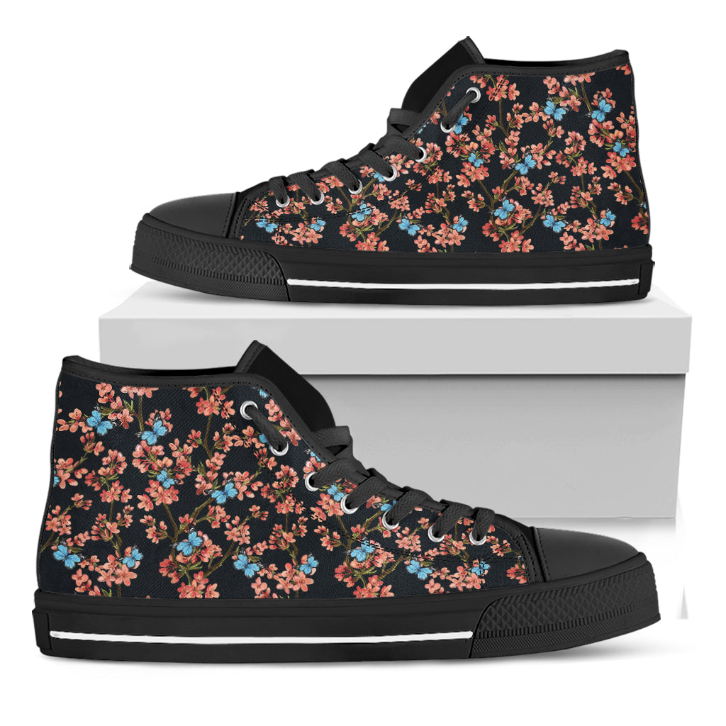 Blossom Flower Butterfly Print Black High Top Shoes