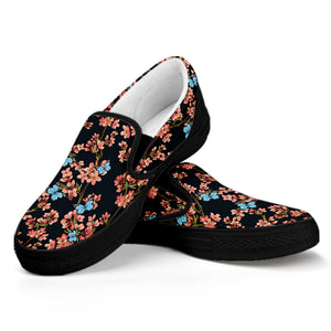 Blossom Flower Butterfly Print Black Slip On Shoes