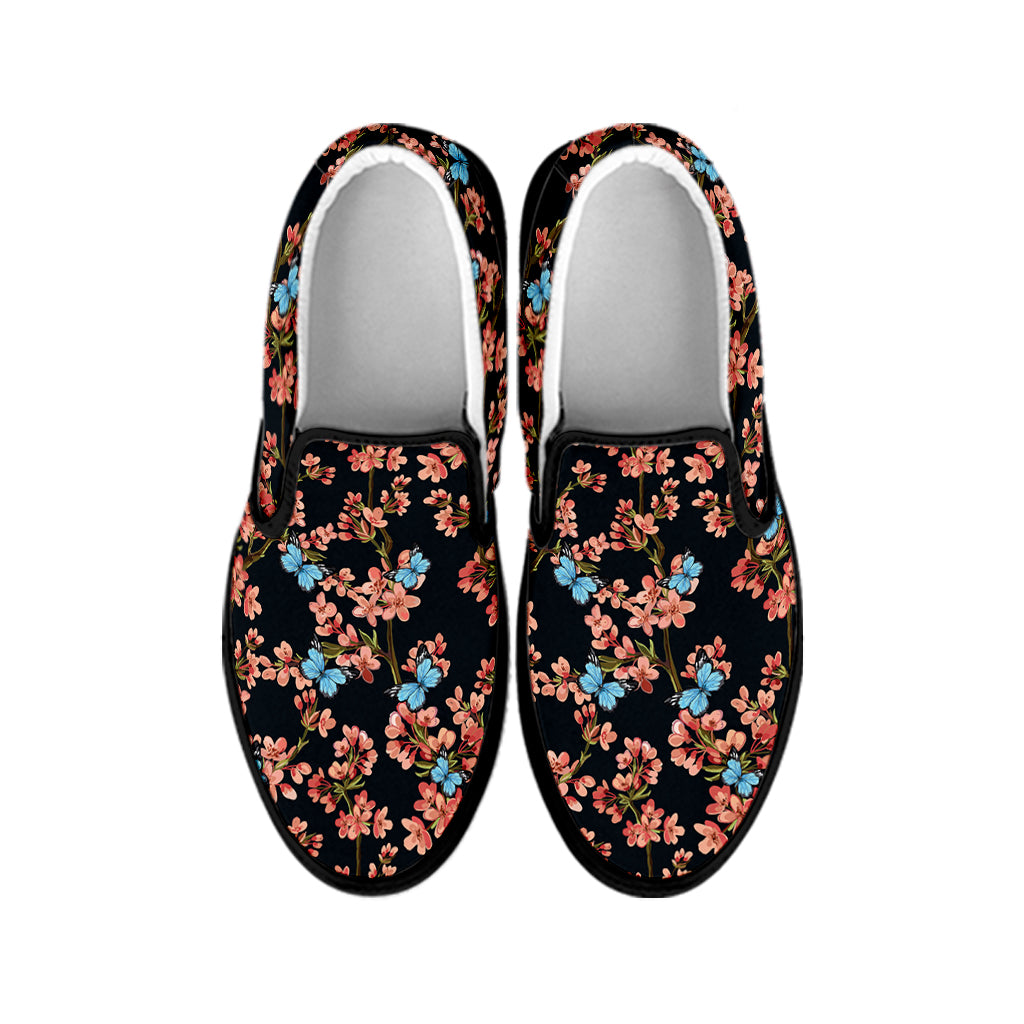 Blossom Flower Butterfly Print Black Slip On Shoes