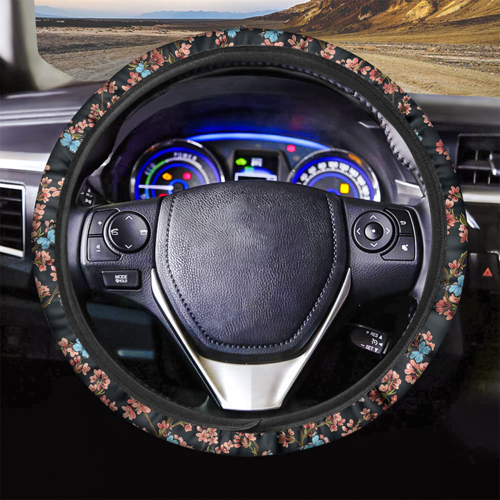 Blossom Flower Butterfly Print Car Steering Wheel Cover