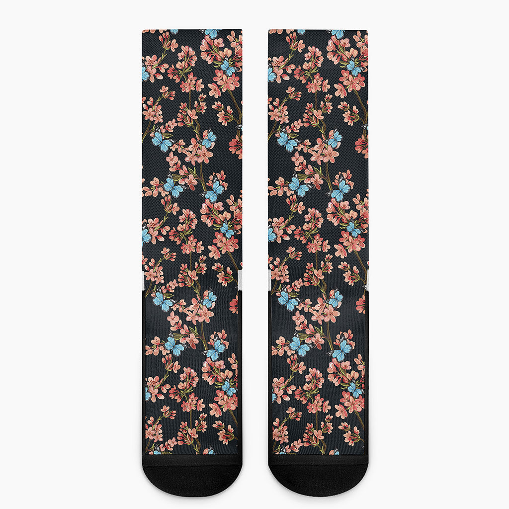 Blossom Flower Butterfly Print Crew Socks