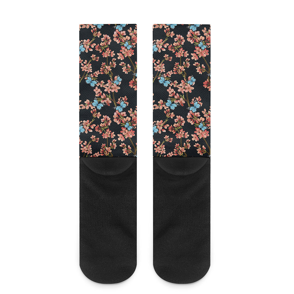 Blossom Flower Butterfly Print Crew Socks