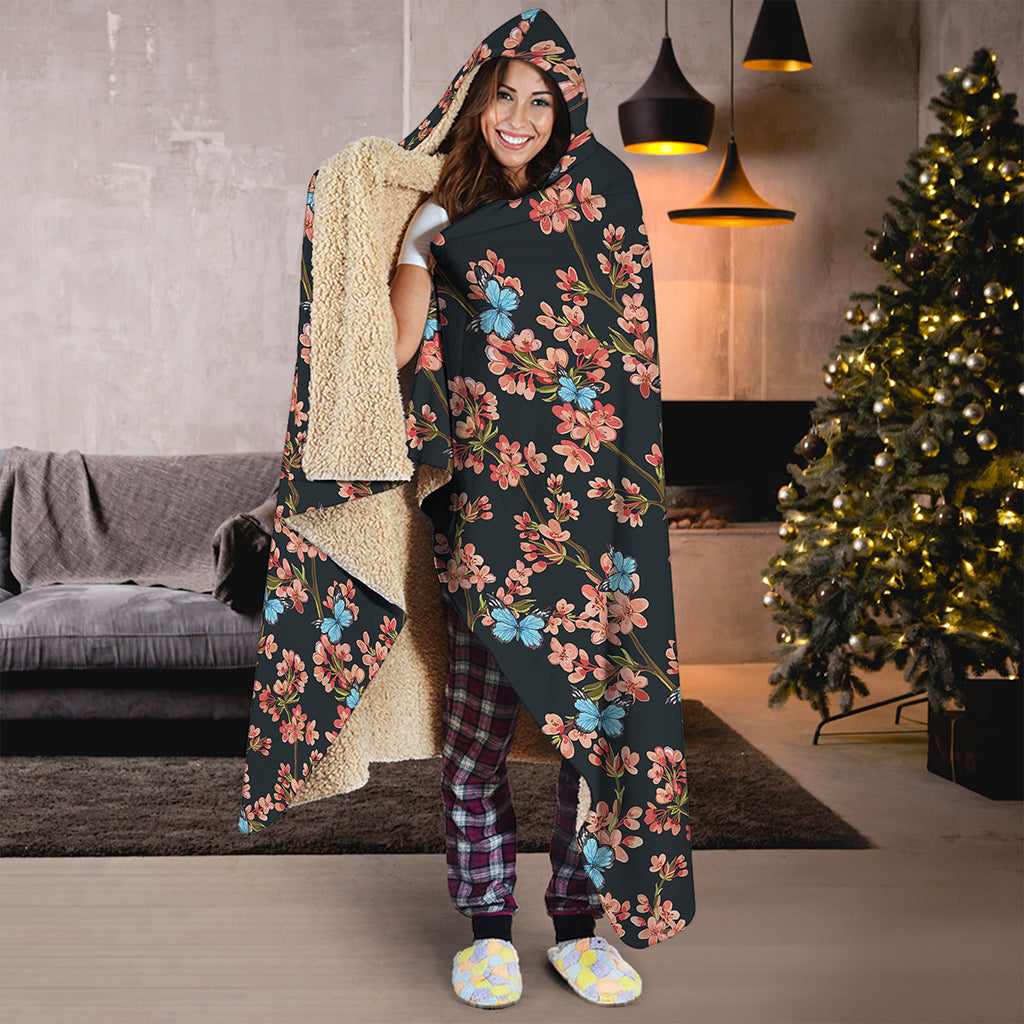 Blossom Flower Butterfly Print Hooded Blanket