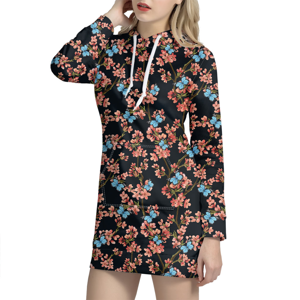 Blossom Flower Butterfly Print Hoodie Dress