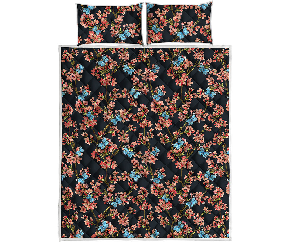 Blossom Flower Butterfly Print Quilt Bed Set