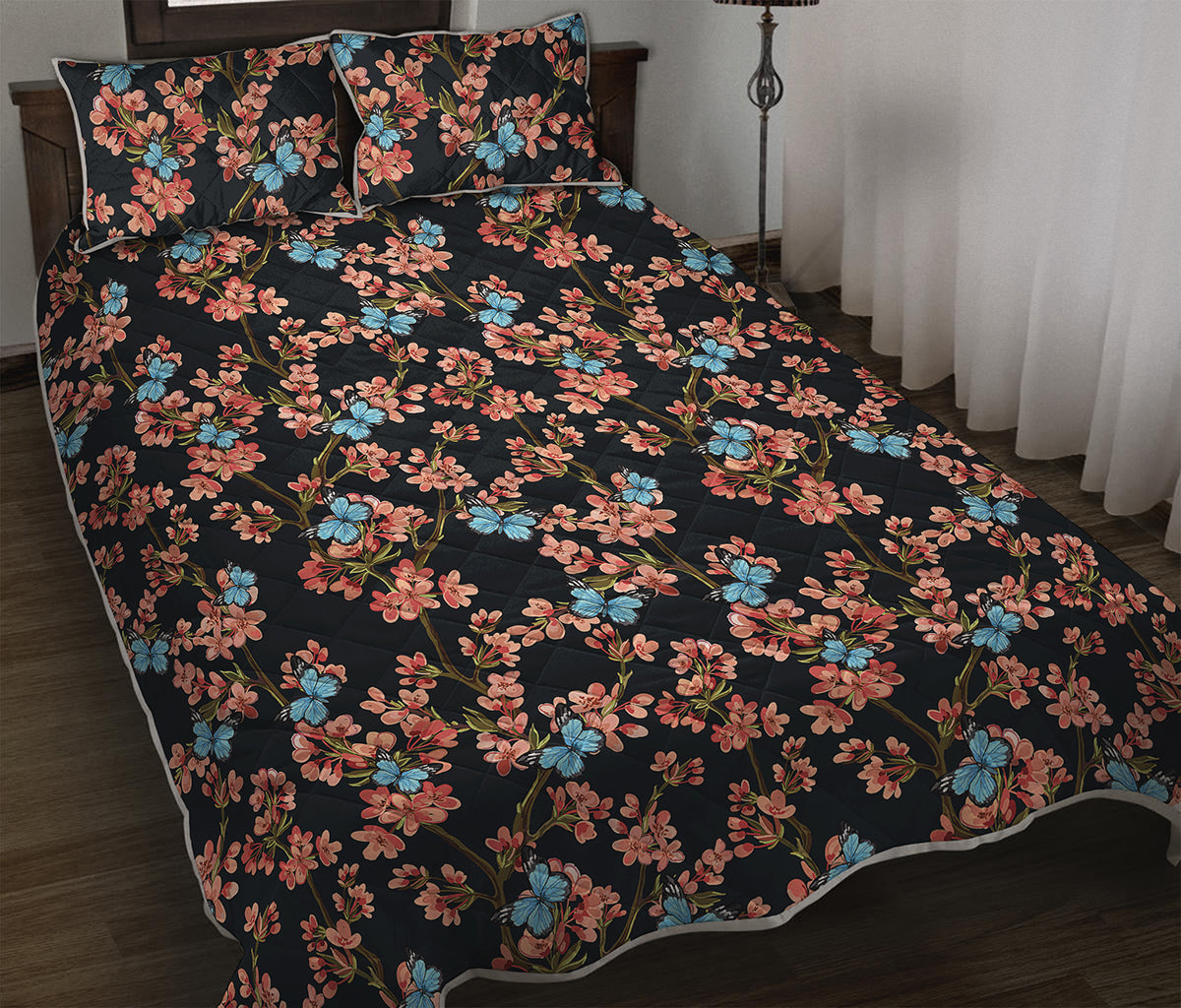 Blossom Flower Butterfly Print Quilt Bed Set