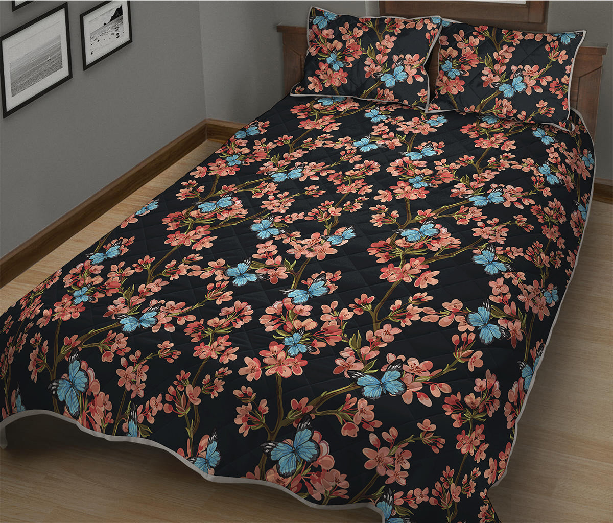 Blossom Flower Butterfly Print Quilt Bed Set