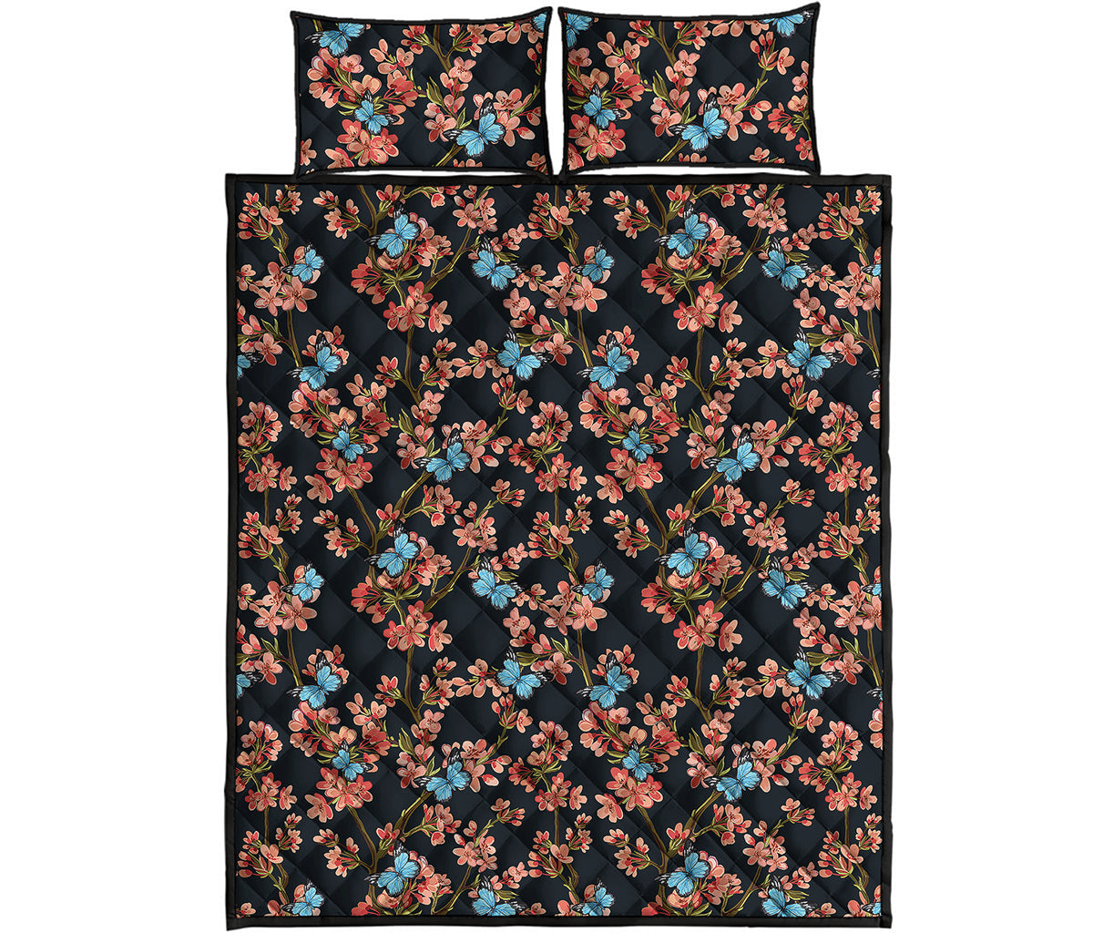 Blossom Flower Butterfly Print Quilt Bed Set