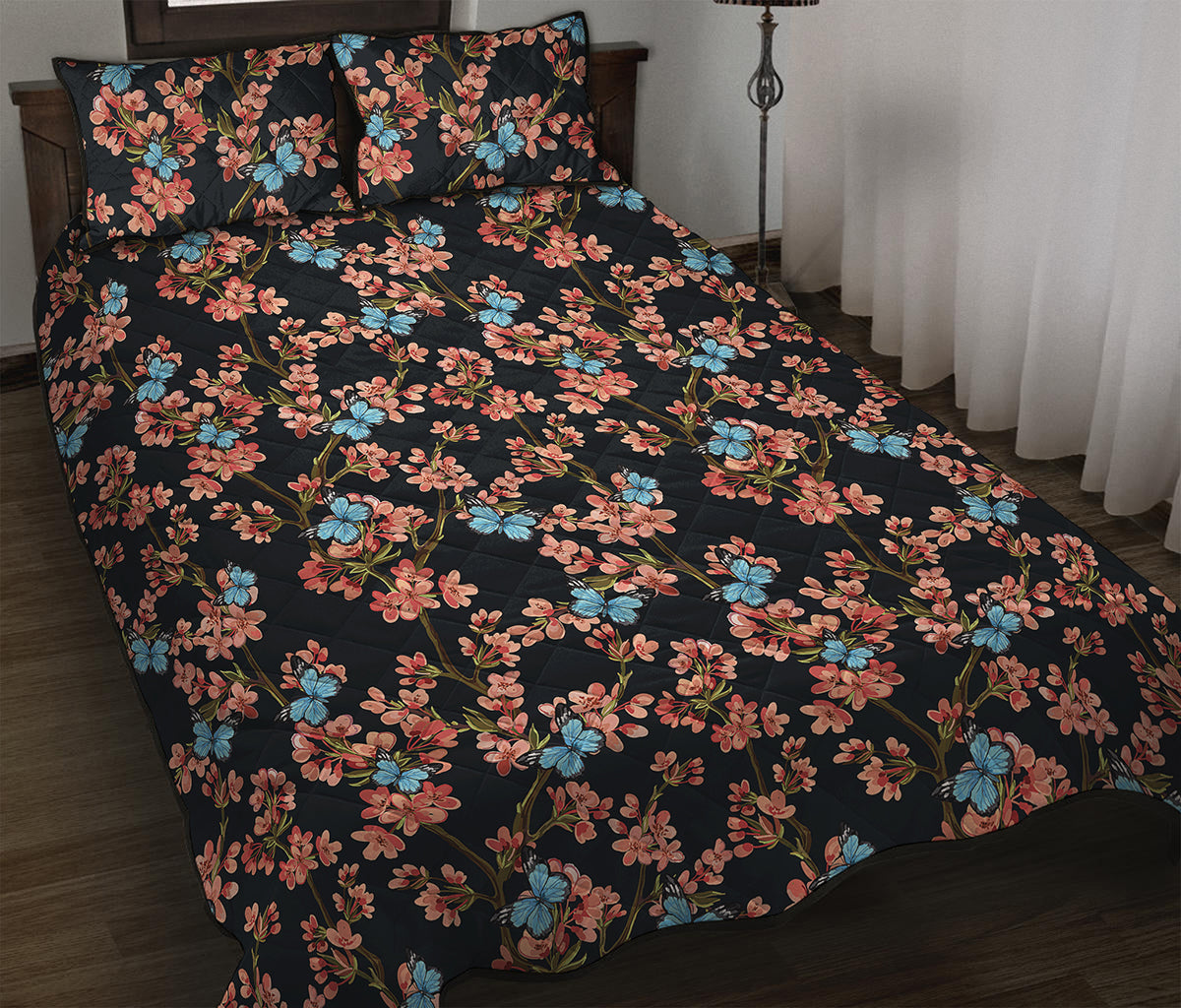 Blossom Flower Butterfly Print Quilt Bed Set