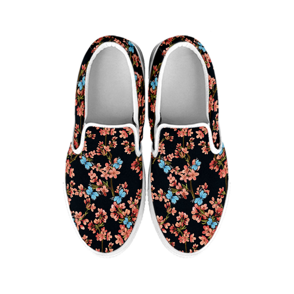 Blossom Flower Butterfly Print White Slip On Shoes