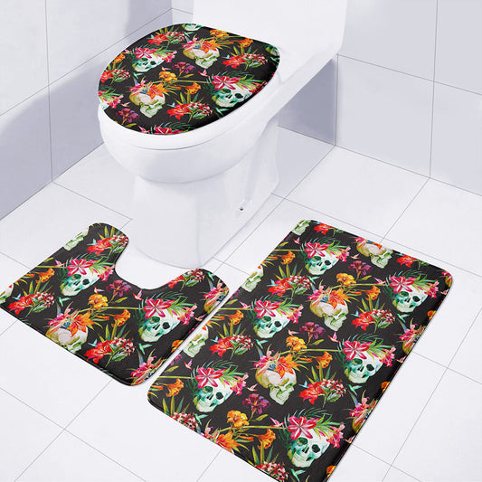 Blossom Flowers Skull Pattern Print 3 Piece Bath Mat Set