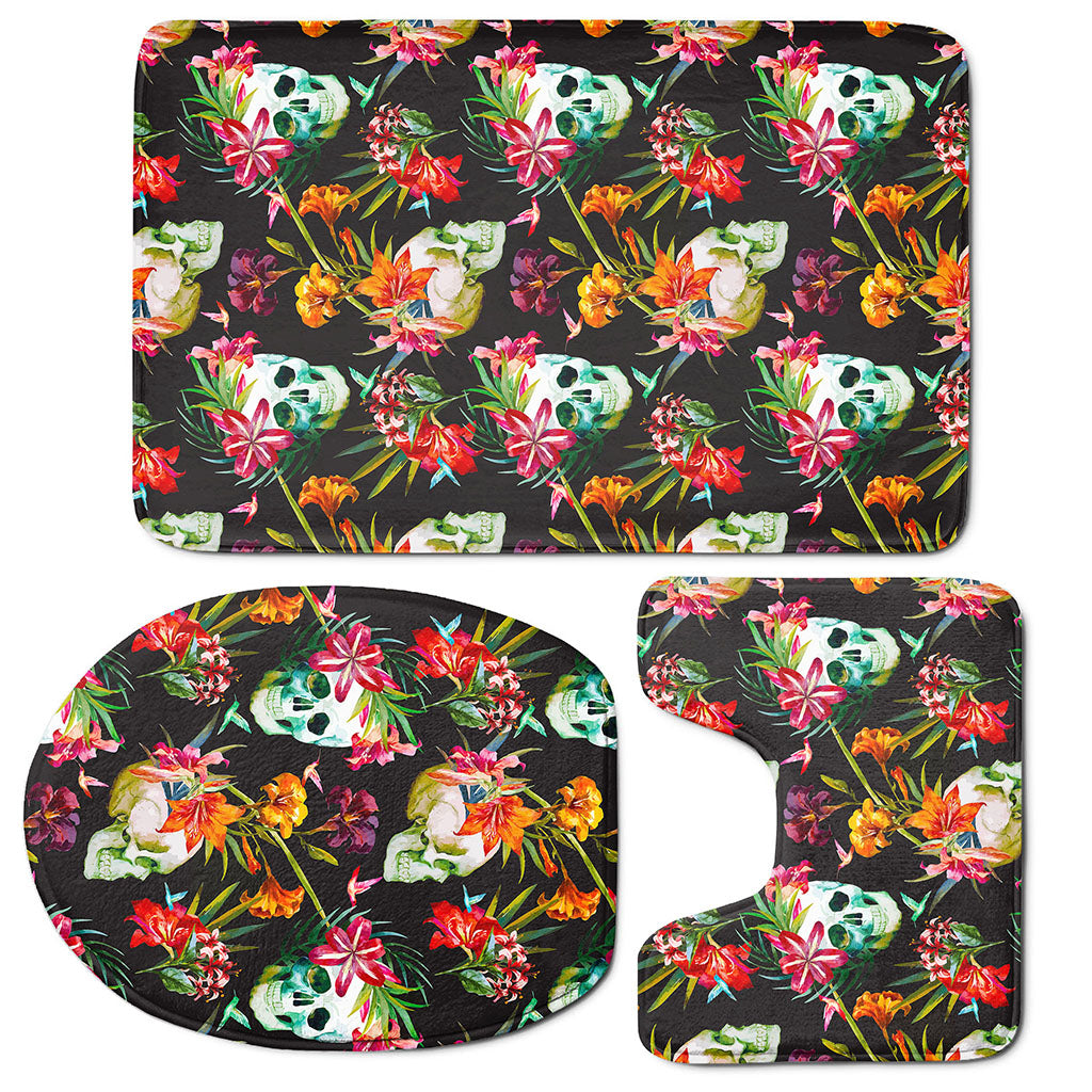 Blossom Flowers Skull Pattern Print 3 Piece Bath Mat Set