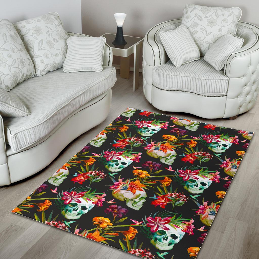 Blossom Flowers Skull Pattern Print Area Rug GearFrost